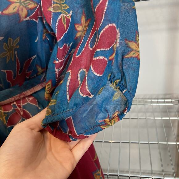 Vintage Albert Capraro Blue Floral Peasant Maxi Dress Size 12 Dark Tropical Boho - Picture 7 of 10